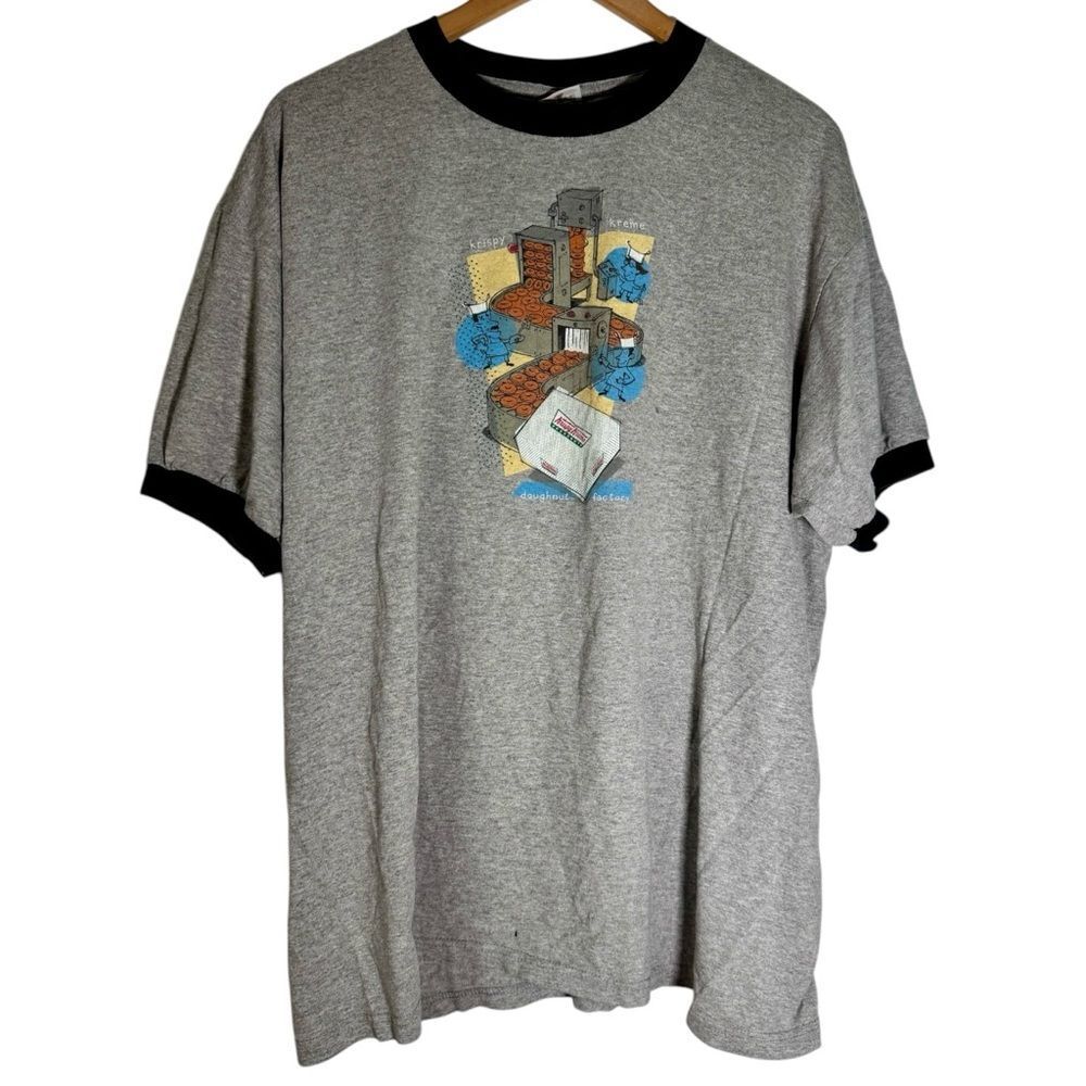 Vintage 90s Anvil Red Bar Krispy Kreme Doughnuts Ringer‎ Tshirt Gray Men’s XL